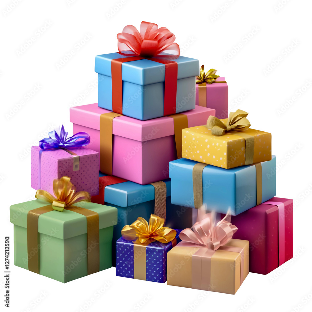 Obraz premium Pile of different-colored gift boxes, isolated on a transparent background
