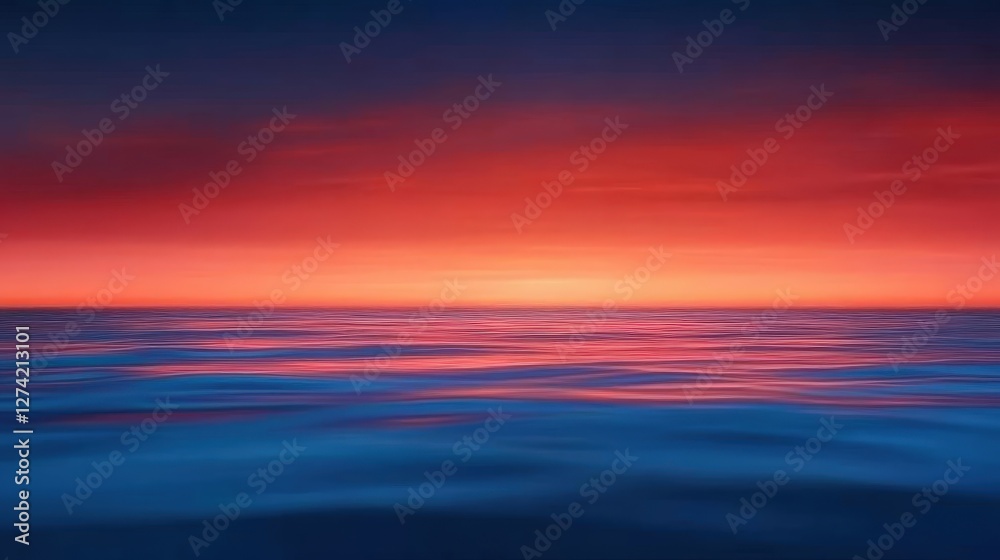 Obraz premium A stunning seascape featuring a vibrant sunset where the sky transitions from deep blue to fiery orange hues reflecting on the calm ocean surface, creating a serene and peaceful at