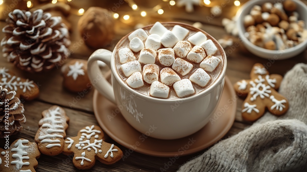 A cozy winter setting with a cup of hot cocoa topped with marshmallows and gingerbread cookies. A cozy winter setting with a cup of hot cocoa topped with marshmallows and gingerbread cookies.