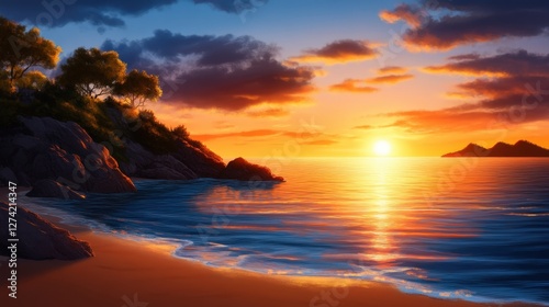 A breathtaking sunset over a tranquil beach, with gentle waves lapping against golden sands and silhouettes of distant islands under a vibrant sky filled with hues of orange and pu