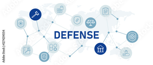 Defense icon set with illustration law protection safety insurance policy medical healthcare medicine cybersecurity shield security data system access password verification court punishment design