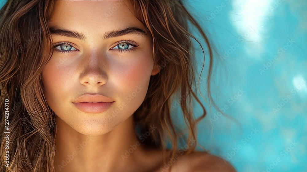 Looking seductively away from the camera is a young woman with bare shoulders and beautiful, wavy hair. It has a blue backdrop. Looking seductively away from the camera is a young woman with bare shoulders and beautiful, wavy hair. It has a blue backdrop.