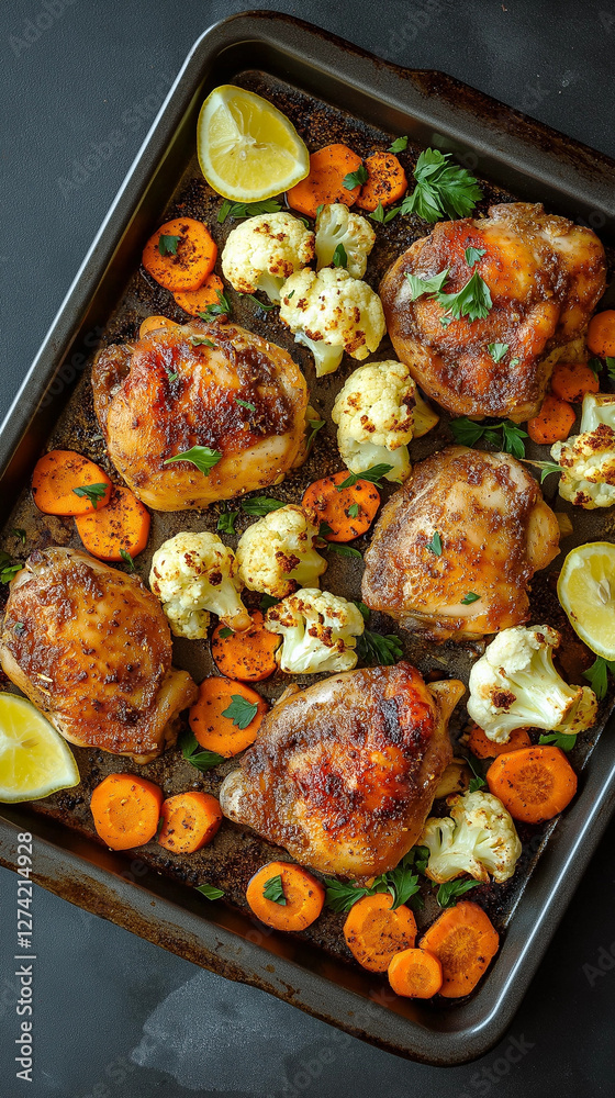 Sheet pan meal of chicken thighs with cauliflower and carrots