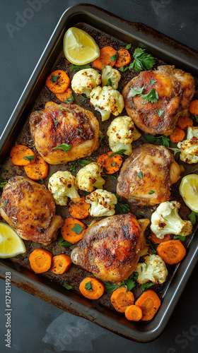 Obraz na płótnie Sheet pan meal of chicken thighs with cauliflower and carrots w salonie