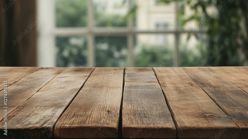 Empty wooden table in front of window Empty wooden table in front of window