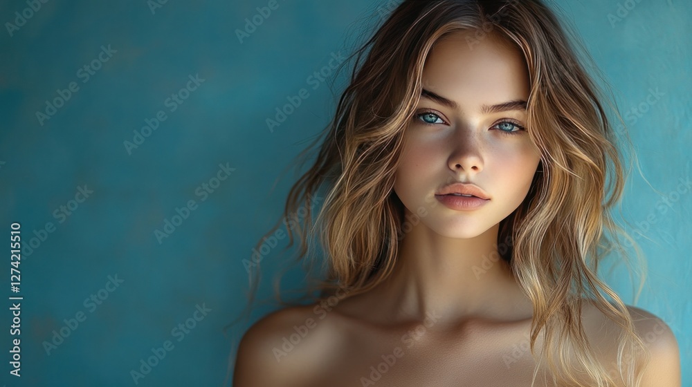 Looking seductively away from the camera is a young woman with bare shoulders and beautiful, wavy hair. It has a blue backdrop. Looking seductively away from the camera is a young woman with bare shoulders and beautiful, wavy hair. It has a blue backdrop.