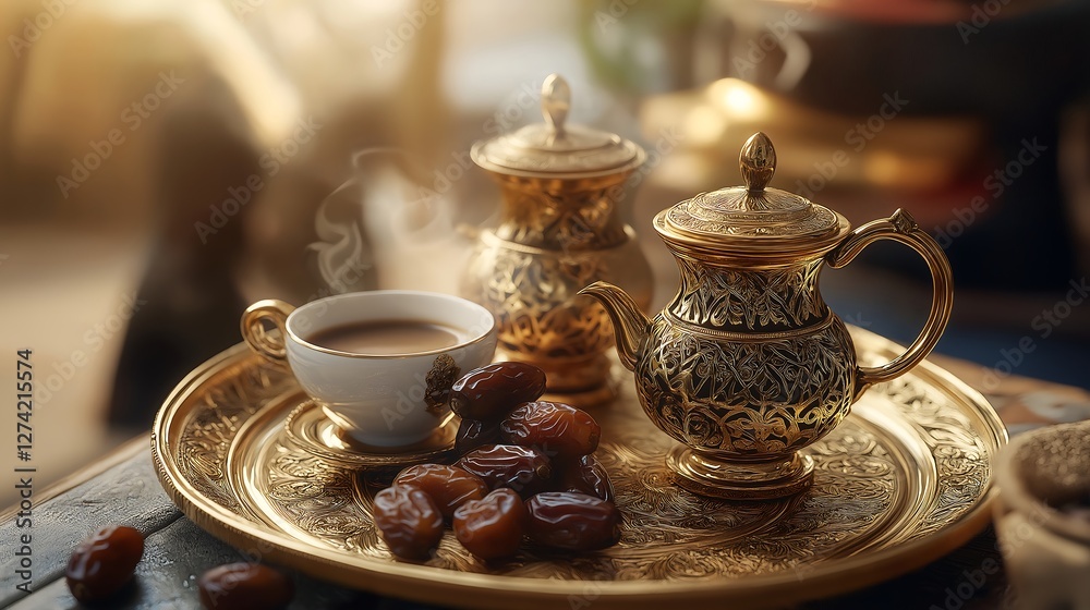 A Middle Eastern coffee ceremony with Arabic coffee and dates served on a golden tray. A Middle Eastern coffee ceremony with Arabic coffee and dates served on a golden tray.
