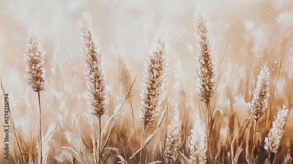 Fototapeta premium Golden Hour in the Meadow Delicate Grasses and Wildflowers in Pastel Watercolor Brushstrokes