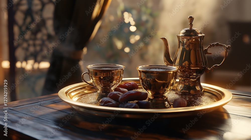 Fototapeta premium A Middle Eastern coffee ceremony with Arabic coffee and dates served on a golden tray.