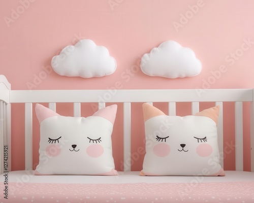 Nursery with white crib, cloudshaped pillows, and calming pastel decor, designed for maximum baby comfort photo