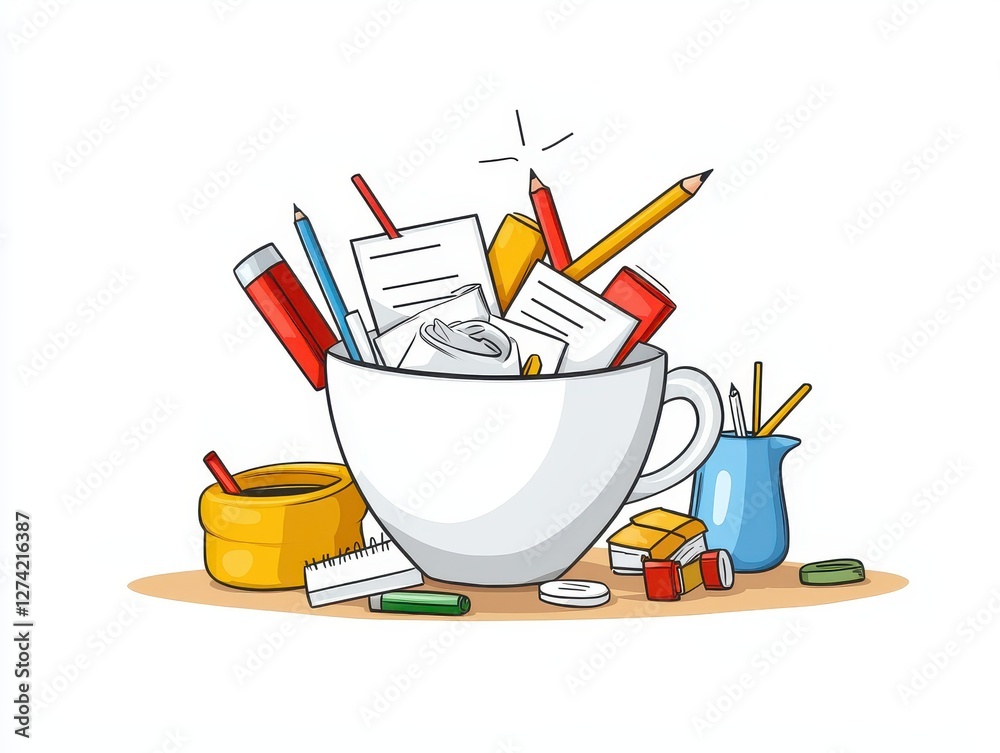 A colorful illustration of a cup overflowing with various stationery items, including pens, papers, paint, and other creative tools. A colorful illustration of a cup overflowing with various stationery items, including pens, papers, paint, and other creative tools.