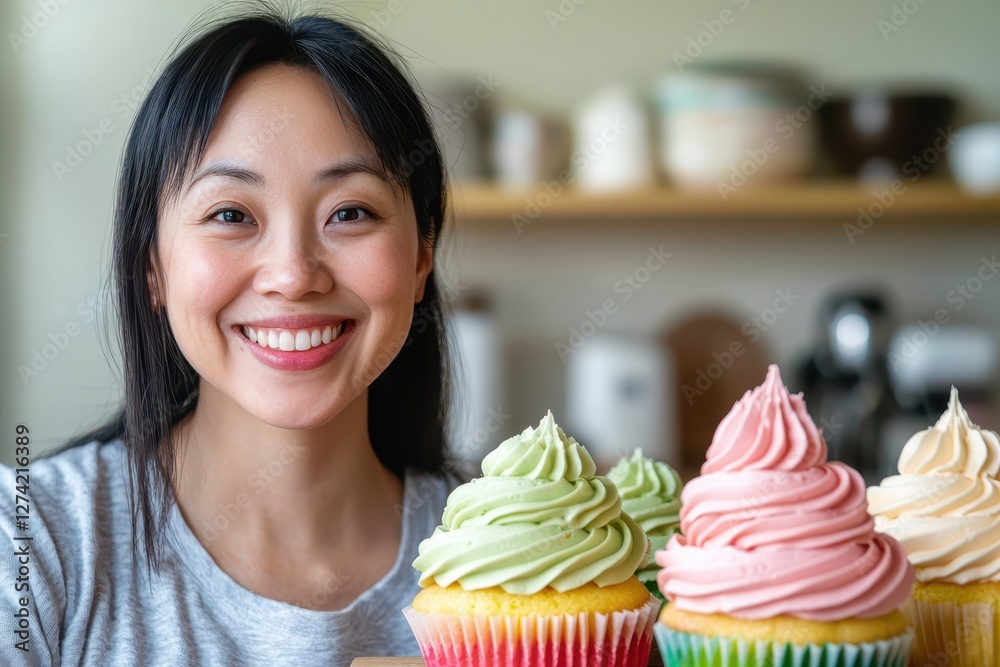 A cheerful woman smiles brightly while holding colorful cupcakes with swirled frosting, showcasing a joyful baking atmosphere. A cheerful woman smiles brightly while holding colorful cupcakes with swirled frosting, showcasing a joyful baking atmosphere.