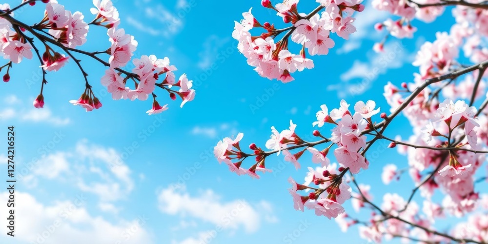 Seamless cherry blossom branches with pink sakura flowers on blue sky and white clouds background in spring nature outdoors, blue sky, banner, cherry blossom Seamless cherry blossom branches with pink sakura flowers on blue sky and white clouds background in spring nature outdoors, blue sky, banner, cherry blossom