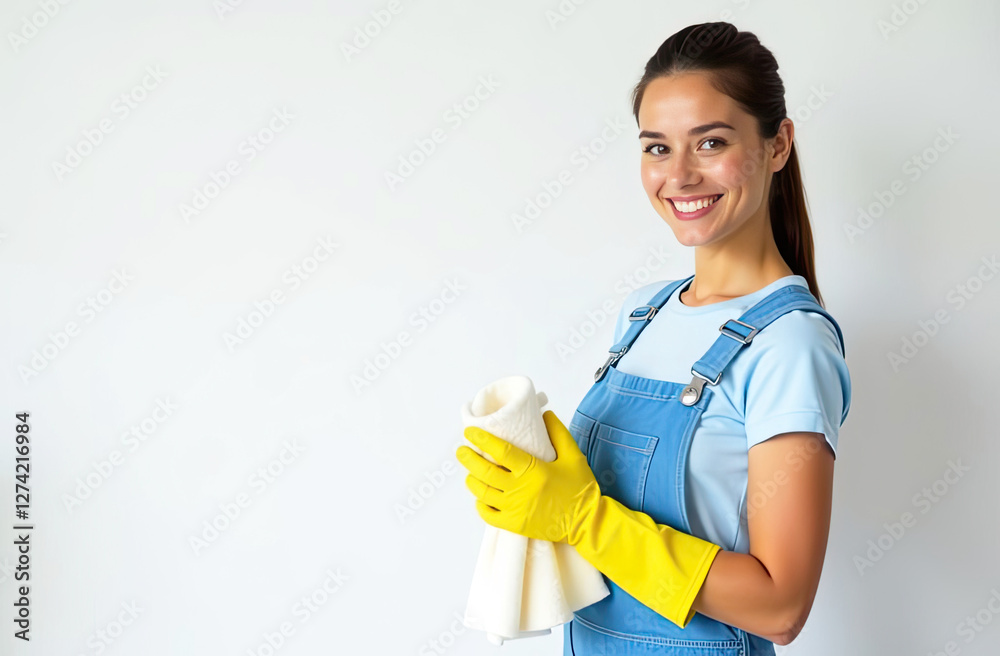 Portrait young Woman in blue apron and yellow rubber gloves with rag in his hand by window against a white wall, window cleaning service, house cleaning. Portrait young Woman in blue apron and yellow rubber gloves with rag in his hand by window against a white wall, window cleaning service, house cleaning.