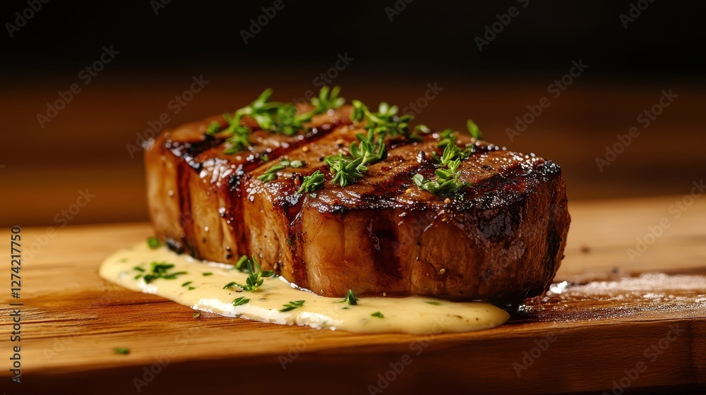 An elegantly arranged steak showcased with a rich sauce atop a smooth wooden board, appealing to the taste buds and highlighting the art of gourmet cooking. An elegantly arranged steak showcased with a rich sauce atop a smooth wooden board, appealing to the taste buds and highlighting the art of gourmet cooking.