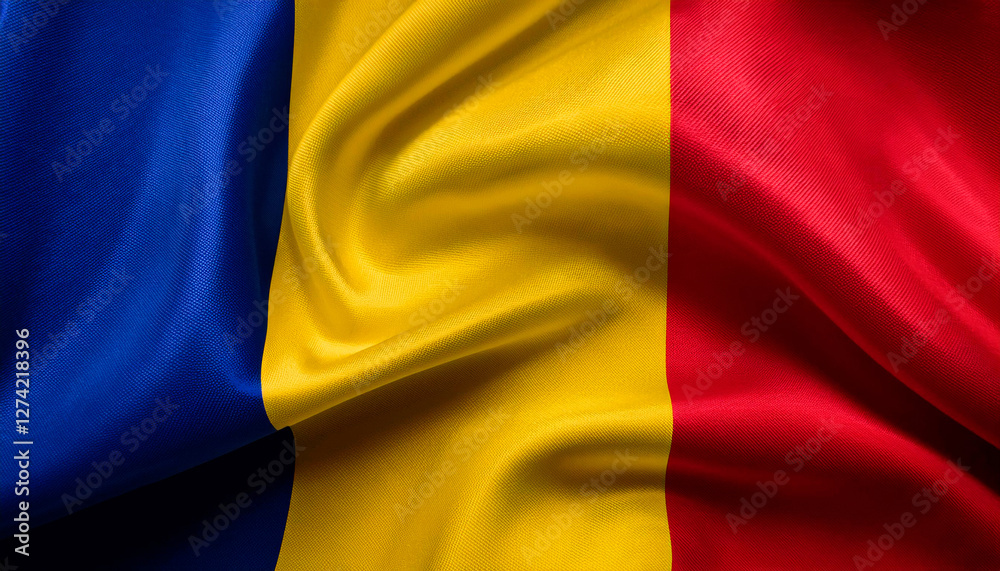 Romania national flag with realistic fabric texture and smooth folds waving in the wind. Romania national flag with realistic fabric texture and smooth folds waving in the wind.