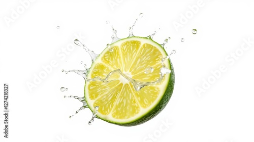 Half fresh lime and two slices with lime juice splash, isolated on white background, burst of freshness, slice, refreshment, isolated