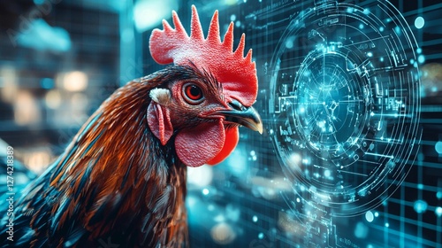 Futuristic Chicken In Front Of Digital Technology Display