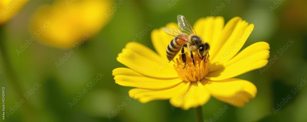 A bee collecting nectar from a bright yellow flower in the garden, pollen, garden, blooms A bee collecting nectar from a bright yellow flower in the garden, pollen, garden, blooms