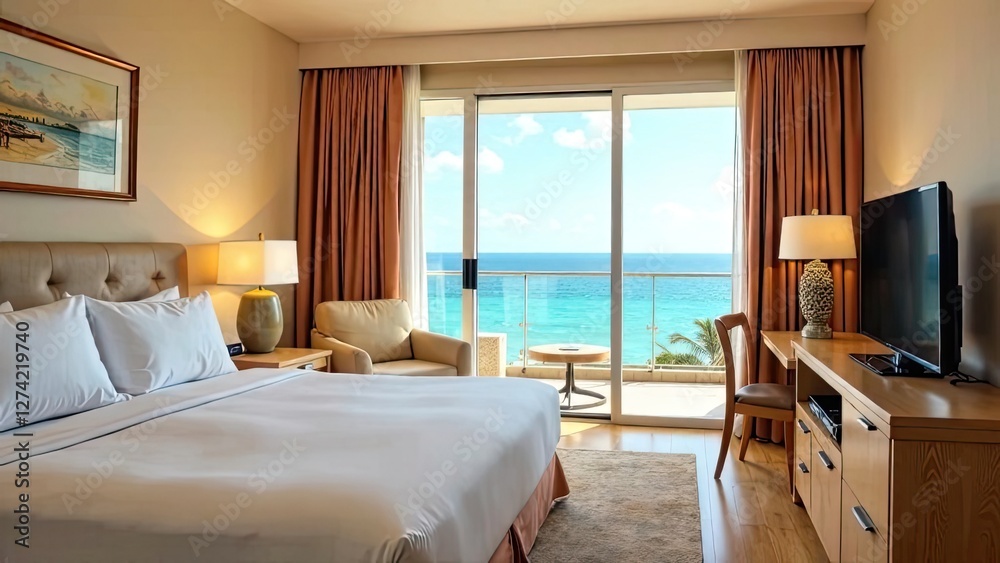 Obraz premium The interior of the hotel room with a view of the ocean for a beach holiday and travel.