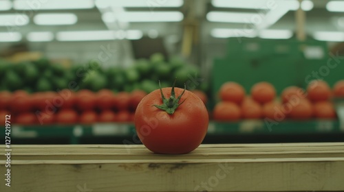 Single tomato on wooden crate, produce aisle, blurry background photo