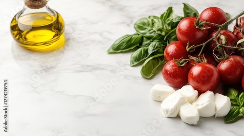 An appealing arrangement of tomatoes, mozzarella, and basil alongside olive oil presents a colorful homage to traditional Italian cuisine, perfect for culinary delights.