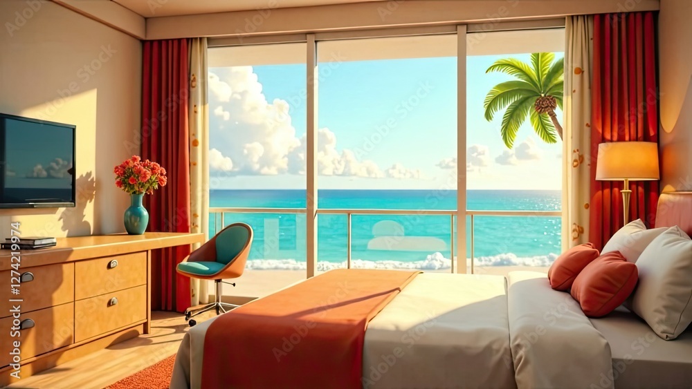 Fototapeta premium The interior of the hotel room with a view of the ocean for a beach holiday and travel.