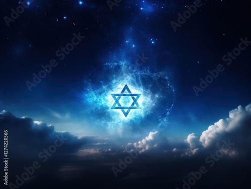 Star of David shining at night on cloudy background for religious concept of Judaism