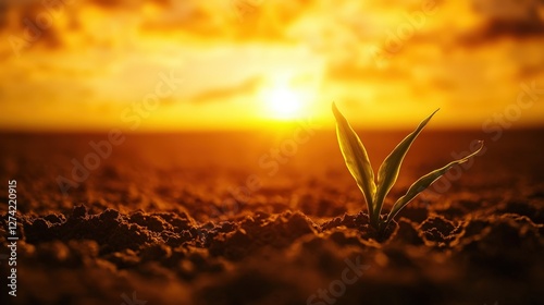 A vibrant green sprout emerges from rich soil under a glorious sunset. The warm golden light bathes the landscape, symbolizing growth, hope, and the beauty of nature.