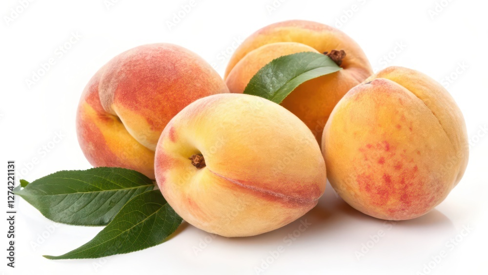 Fresh Peaches with Leaves on White Background Fresh Peaches with Leaves on White Background