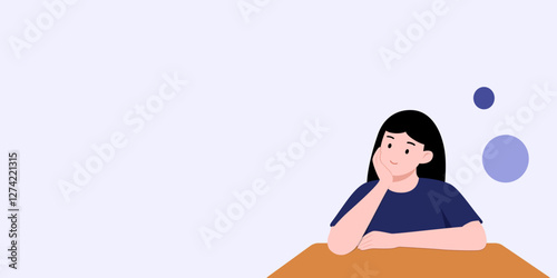A gril is sitting at the table. The expression on his face was like he was thinking. He had black hair.