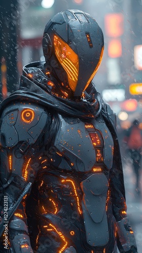 Cyberpunk Rain: A Futuristic Warrior in the City