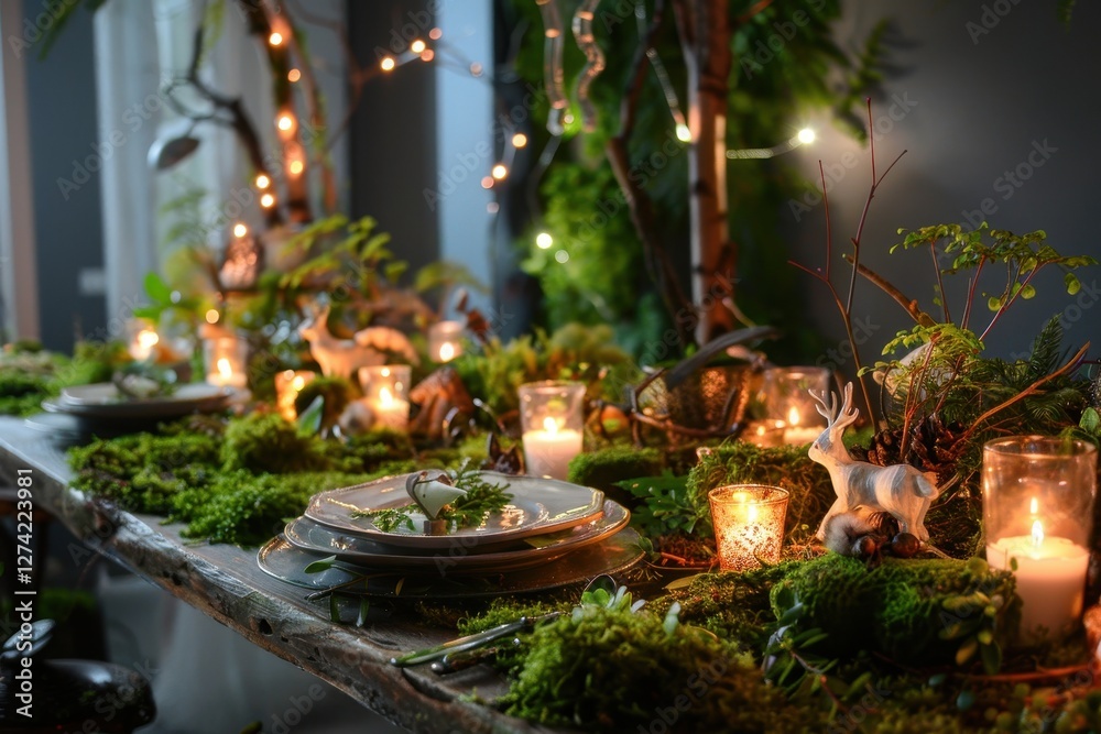 Obraz premium Gathering around a beautifully decorated dinner table with candles, flowers, and natural elements in a lush, whimsical setting