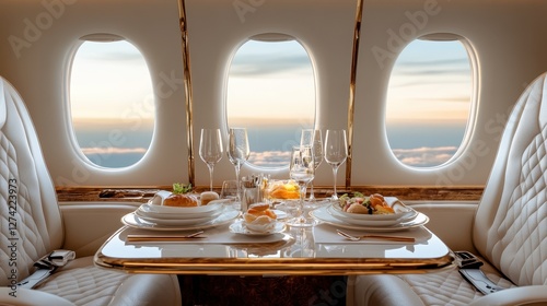 An opulent dining setup featuring gourmet meals sets the tone for an extravagant experience aboard a private jet, highlighting luxury travel at its finest.