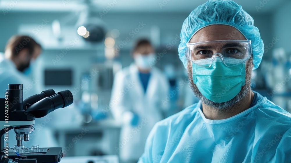 A focused scientist in a lab coat and protective gear works at a microscope, embodying dedication to scientific research and innovation in a modern setting. A focused scientist in a lab coat and protective gear works at a microscope, embodying dedication to scientific research and innovation in a modern setting.