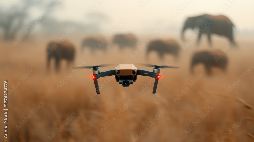 A stunning view of a drone flying amidst a herd of elephants in a misty setting, symbolizing the intersection of wildlife observation and advanced technology in nature.