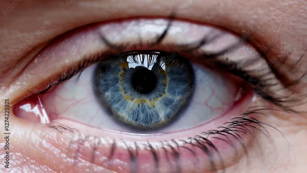Precise slow motion recording capturing delicate blue eye blinking, revealing intricate eyelash movement and nuanced eye surface details with remarkable clarity and optical focus Precise slow motion recording capturing delicate blue eye blinking, revealing intricate eyelash movement and nuanced eye surface details with remarkable clarity and optical focus