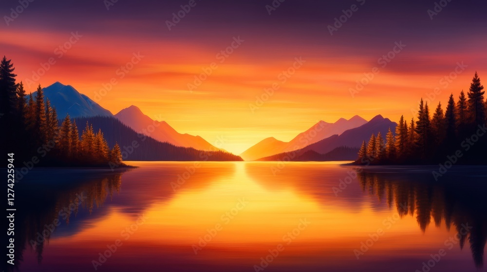 Obraz premium A breathtaking sunset over tranquil mountains and a reflective lake, showcasing vibrant hues of orange, pink, and purple, creating a serene atmosphere and natural beauty.