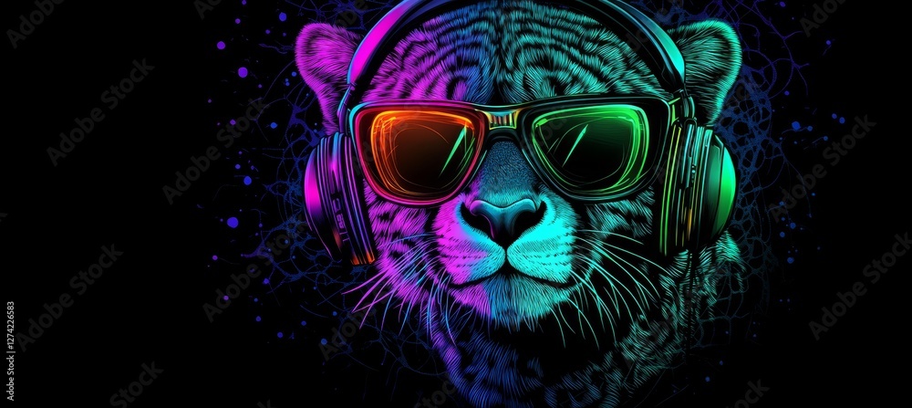Fototapeta premium Neon Party Animal Cheetah With Headphones and Sunglasses, a Vibrant and Colorful Concept