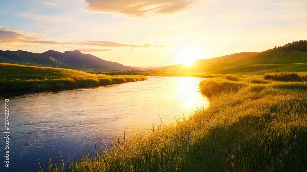 A breathtaking landscape featuring a serene river surrounded by vibrant green fields under a beautiful sunset A breathtaking landscape featuring a serene river surrounded by vibrant green fields under a beautiful sunset