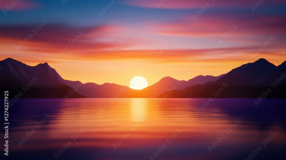 Fototapeta premium A breathtaking sunset over tranquil waters, with mountains silhouetted against a vibrant sky of colors. This serene scene captures the beauty of nature and evokes peace.