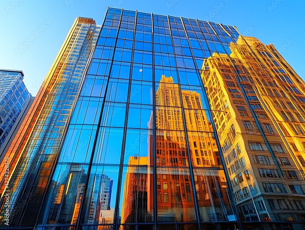 Naklejka premium Cityscape reflection, sunrise, buildings