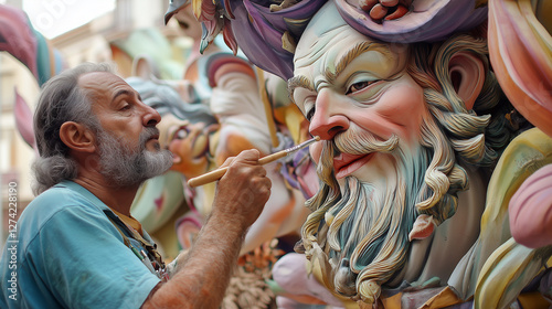 A photo of a group of artisans carefully putting the finishing touches on an enormous, colorful falla, their brushes adding final details to the expressive characters during Las Fallas in Valencia