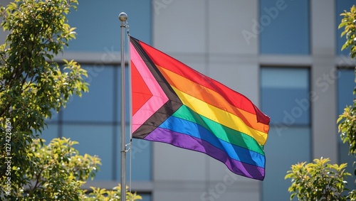 Pride flag at corporate entrance LGBTQ inclusion symbol