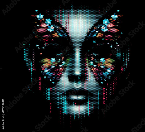 Digital artwork depicting an abstract human face with butterfly-shaped patterns around the eyes. The design uses vibrant colors and pixelated effects, creating a surreal and artistic look.