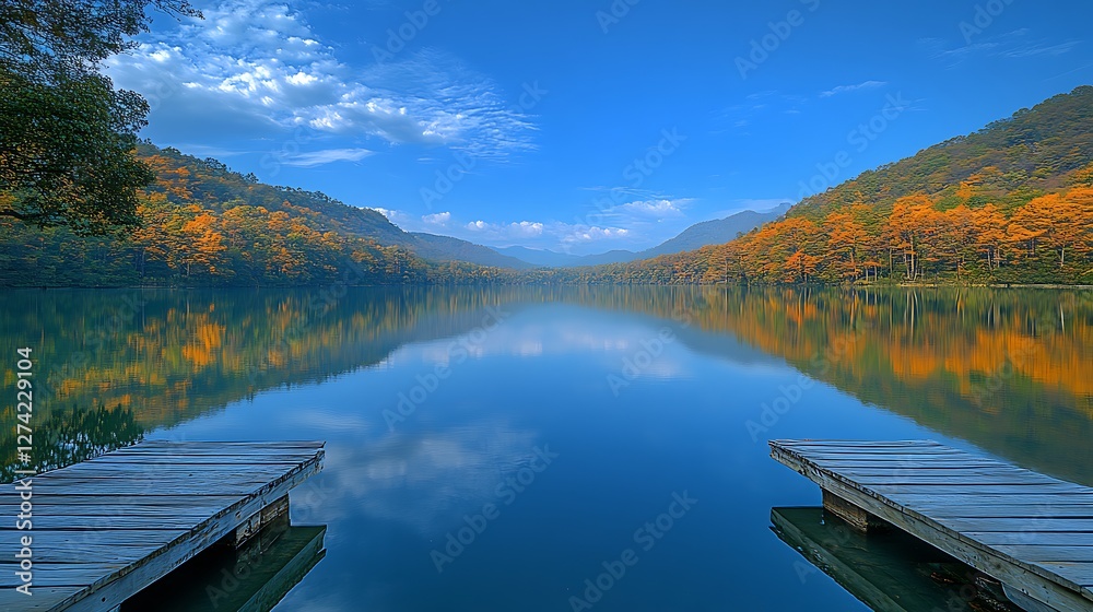 Autumn lake, serene reflection, mountain view Autumn lake, serene reflection, mountain view