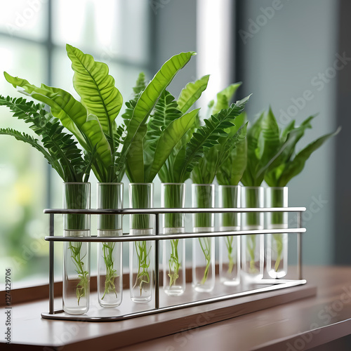 Glass tubes with plants in rack on table against blurred background.