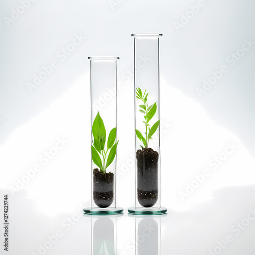 Green fresh plant in glass test tube in laboratory on white background