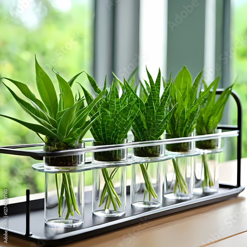 Glass tubes with plants in rack on table against blurred background.  