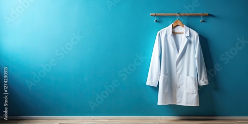 Pristine white lab coat against a minimalist blue backdrop. Clean, medical aesthetic.